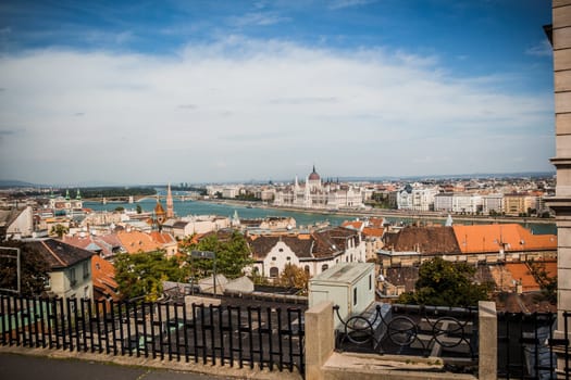 Budapest city view at the Hungarian Parliament and Margaret Island. Budapest, Hungary.