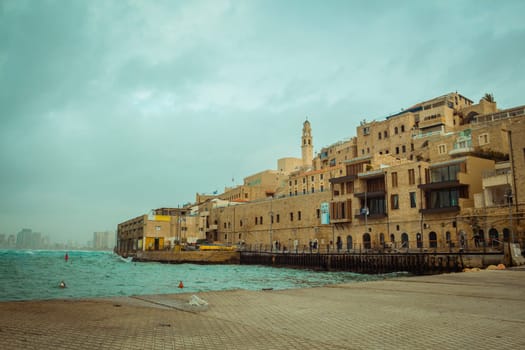 View of old Jaffa on a cloudy day.
Tel Aviv in the background