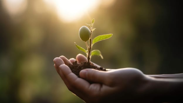 Close Up Plant in male Hands. Care of the Environment. Ecology concept. Generative AI.