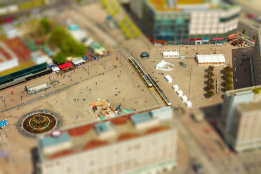 Aerial view of the Alexanderplatz public square in Berlin. with tilt-shift effect.