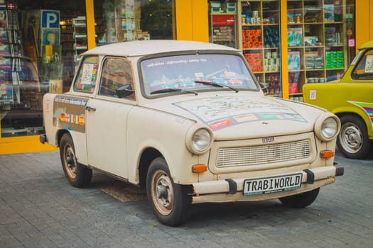 Berlin, Germany - May 16, 2017: Vintage Trabant cars at Trabi Musem. The automobile was produced from 1957 to 1990 by former East German auto maker VEB.