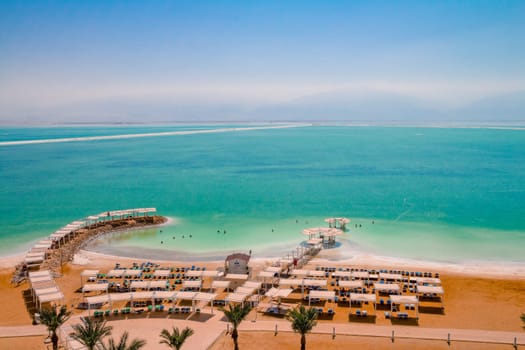 Aerial view of the Dead Sea beach area of Ein Bokek resort in Israel.