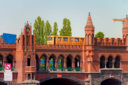 U-Bahn elevated subway cross the Oberbaum Bridge in the city of berlin