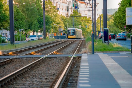 Tram railway platform in the street of Berlin city.