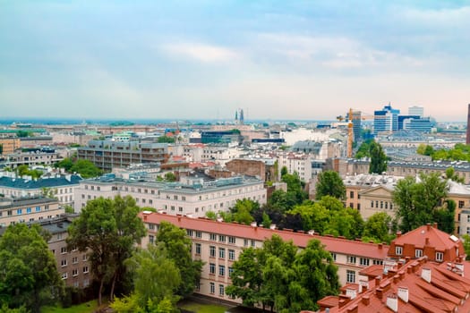 Aerial view of the Warsaw skyline buildings.