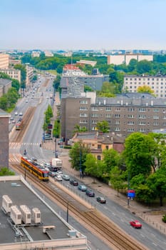 Aerial view of highway with trams and cars in the center of Warsaw in Poland.