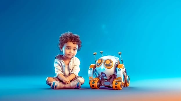 child and robot, the concept of a new generation of children growing up with modern technologies, learning from a robot, banner, made with Generative AI. High quality illustration
