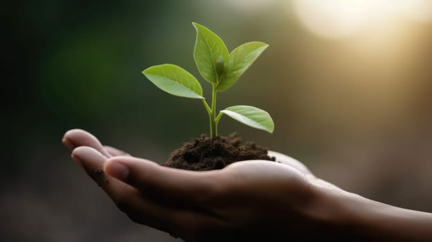 Close Up Plant in male Hands. Care of the Environment. Ecology concept. Generative AI.