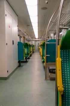 Interior of an electric passenger train in Warsaw Poland.