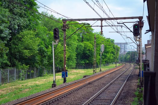 Railway lines in Warsaw Poland at cold overcast day.