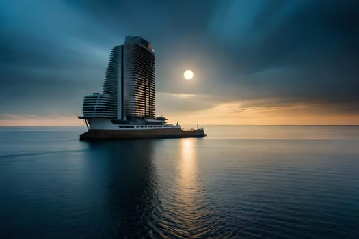 Moonlight in ocean landscape. The ocean stretches out as far as the eye can see, its surface a canvas of deep, midnight blue. AI generated image