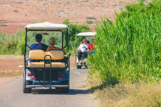 Backshot of Israeli people driving on electric golf cart while traveling in the countryside of the Israeli Hula Valley in summer day.