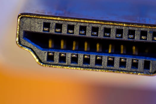 Macro closeup of HDMI cable connector.