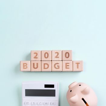 2020 goal, finance plan abstract design concept, wood blocks on green table background with piggy bank and calculator, top view, flat lay, copy space.