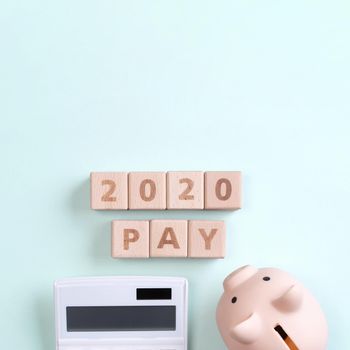 2020 goal, finance plan abstract design concept, wood blocks on green table background with piggy bank and calculator, top view, flat lay, copy space.