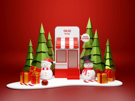 Christmas banner of Christmas shopping online on smartphone concept, Smartphone with snowman and gift box on snow ground, 3d illustration
