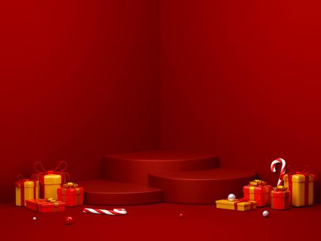 Christmas podium with gift for product advertisement, 3d illustration
