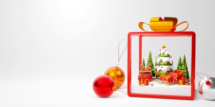 3d illustration of Christmas tree, sleigh, gift box and decoration in Christmas crystal gift box