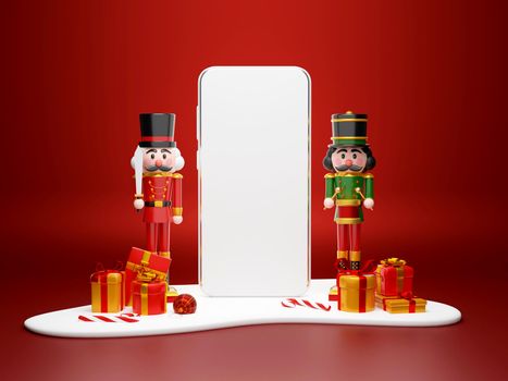 Christmas shopping online concept, Smartphone with nutcracker and Christmas gift, 3d illustration