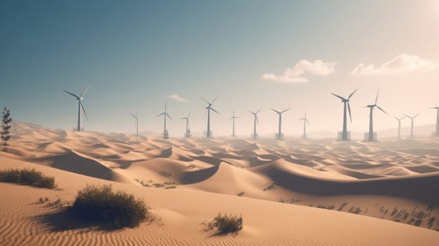 Wind turbines in the desert, renewable energy concept. Generative AI.