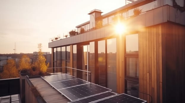 Modern house with solar panels on the rooftop with sunset on the background. Generative AI.