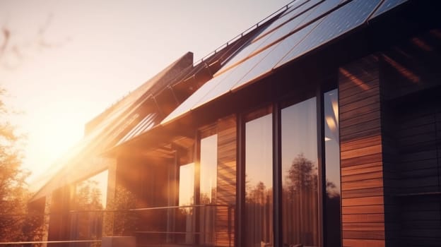 Modern house with solar panels on the rooftop with sunset on the background. Generative AI.