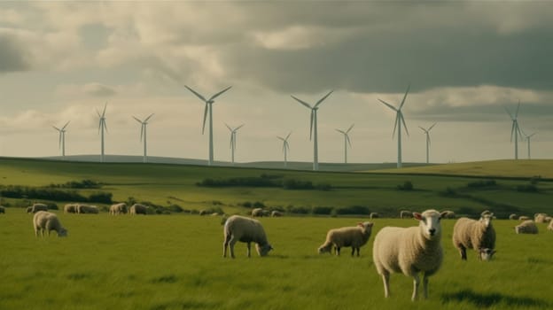 Sheep grazing near wind turbines on the mountain. Generative AI.