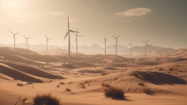 Wind turbines in the desert, renewable energy concept. Generative AI.