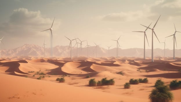 Wind turbines in the desert, renewable energy concept. Generative AI.