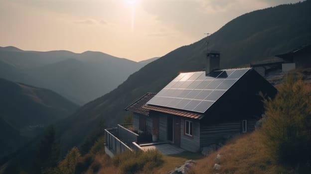 eco-friendly house with solar panels on the roof surrounded by green nature. Generative AI.