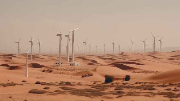 Wind turbines in the desert, renewable energy concept. Generative AI.