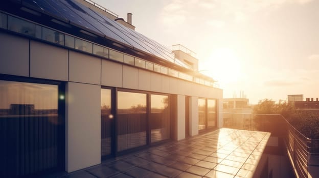 Modern house with solar panels on the rooftop with sunset on the background. Generative AI.