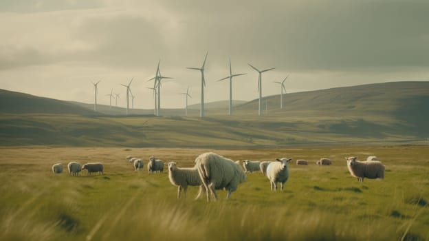 Sheep grazing near wind turbines on the mountain. Generative AI.