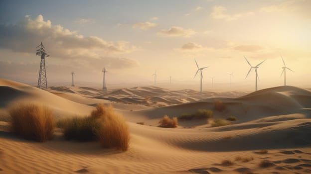 Wind turbines in the desert, renewable energy concept. Generative AI.