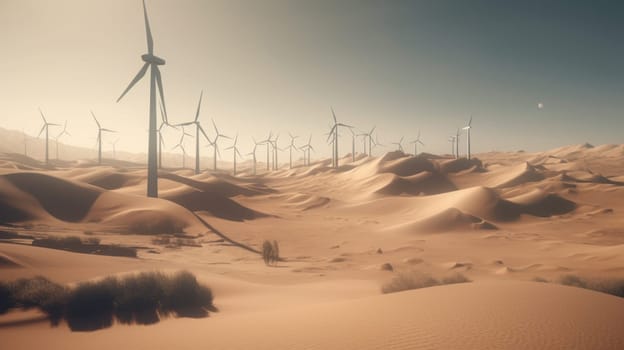 Wind turbines in the desert, renewable energy concept. Generative AI.