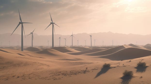 Wind turbines in the desert, renewable energy concept. Generative AI.