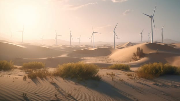 Wind turbines in the desert, renewable energy concept. Generative AI.