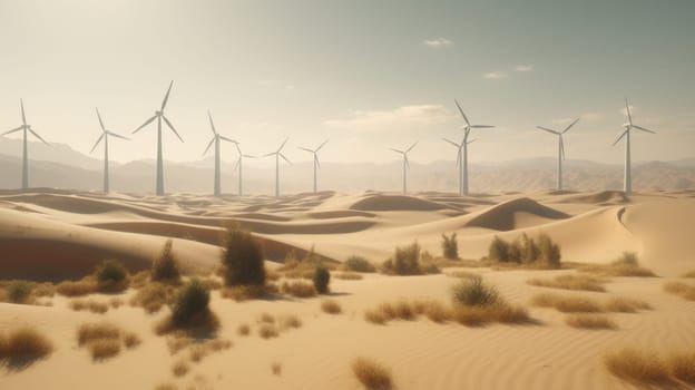 Wind turbines in the desert, renewable energy concept. Generative AI.