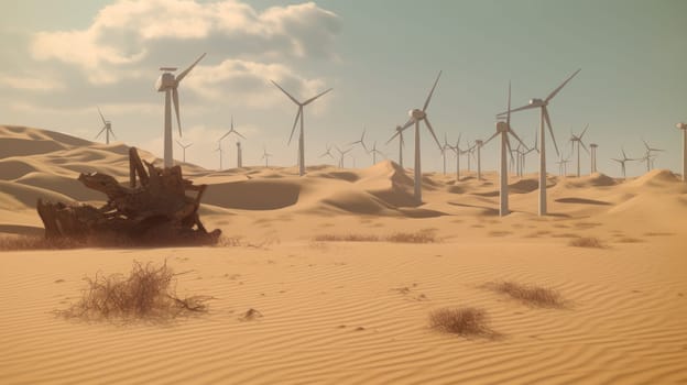 Wind turbines in the desert, renewable energy concept. Generative AI.