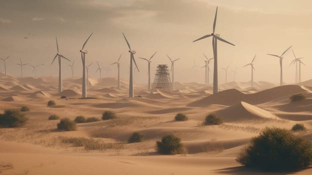 Wind turbines in the desert, renewable energy concept. Generative AI.