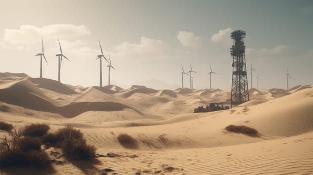 Wind turbines in the desert, renewable energy concept. Generative AI.