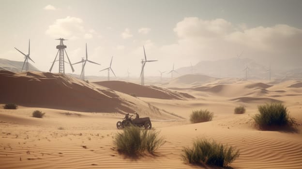 Wind turbines in the desert, renewable energy concept. Generative AI.