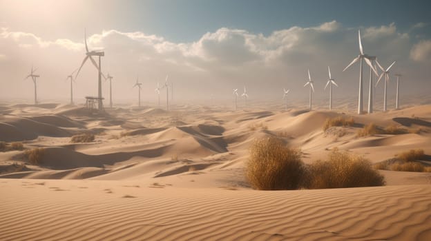 Wind turbines in the desert, renewable energy concept. Generative AI.