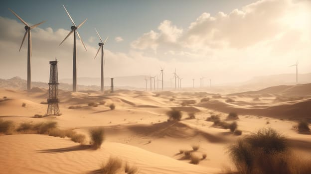 Wind turbines in the desert, renewable energy concept. Generative AI.