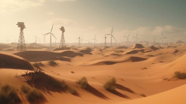 Wind turbines in the desert, renewable energy concept. Generative AI.