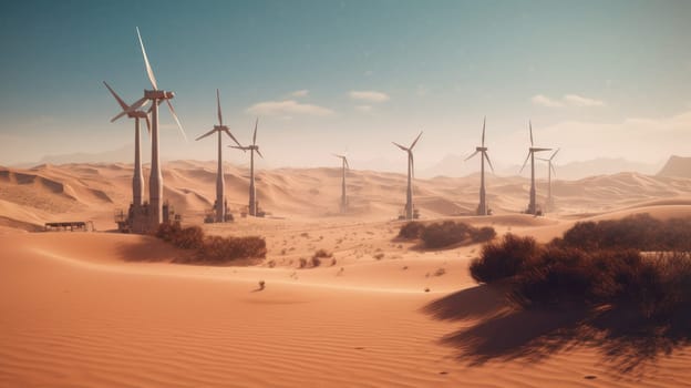 Wind turbines in the desert, renewable energy concept. Generative AI.