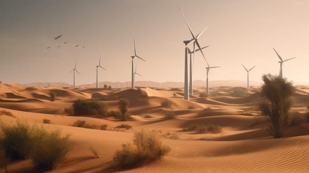 Wind turbines in the desert, renewable energy concept. Generative AI.