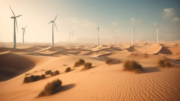 Wind turbines in the desert, renewable energy concept. Generative AI.