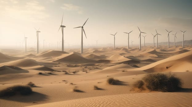 Wind turbines in the desert, renewable energy concept. Generative AI.