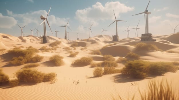 Wind turbines in the desert, renewable energy concept. Generative AI.